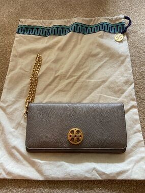 Tory Burch Pebbled Leather Wallet with Gold Chain